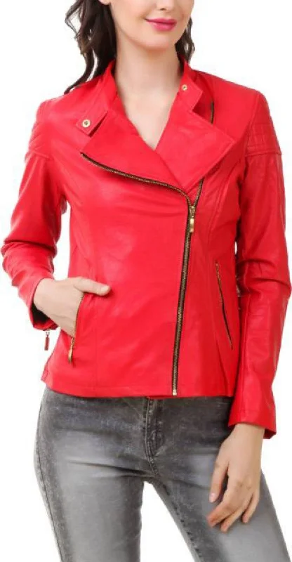 Women Real Lambskin Leather Biker Jacket KW391