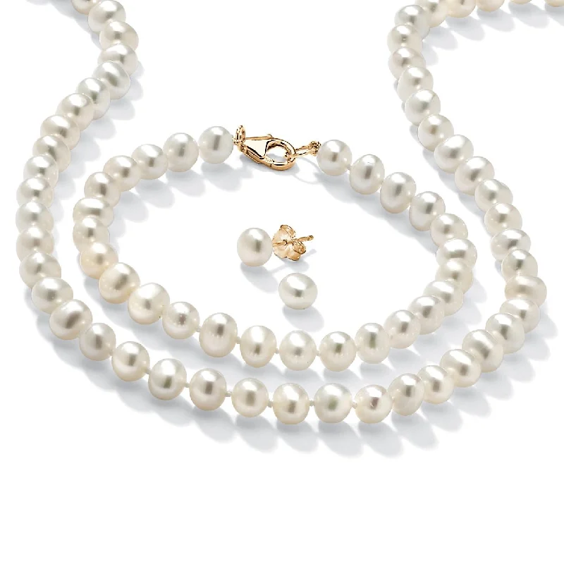 PalmBeach 14K Yellow Gold over Sterling Silver Strand Necklace (6.5mm), Lobster Claw Clasp, Round Genuine Cultured Freshwater Pearl, 18"