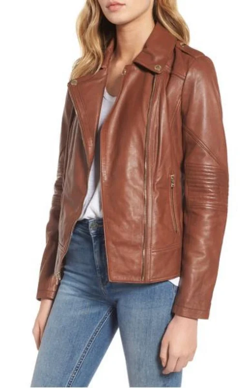 Women Real Lambskin Leather Biker Jacket KW328