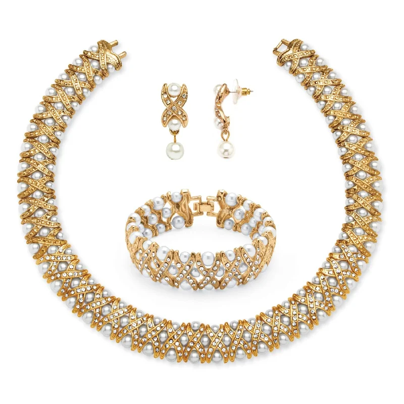 PalmBeach Gold Tone Collar Necklace (17mm), Fold Over Clasp, Round Crystal Simulated Pearl, 18 inches