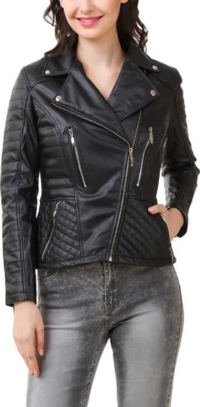 Women Real Lambskin Leather Biker Jacket KW383