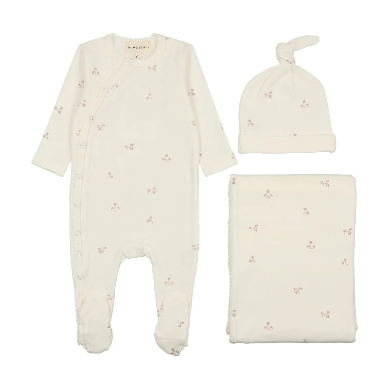 set footie picot edge with hat and blanket - wntr wht/pnk vne prt