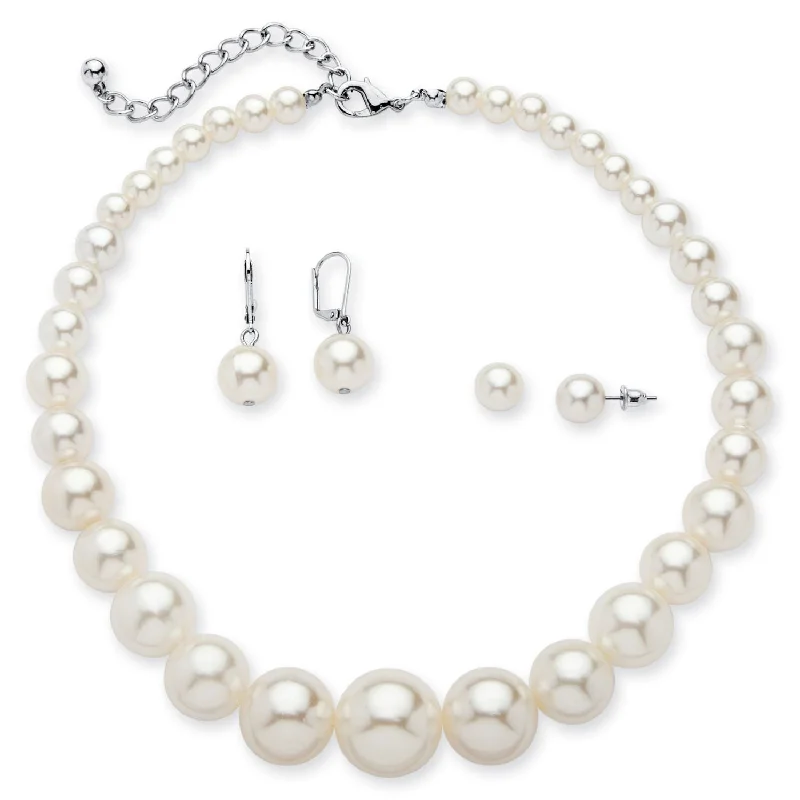 PalmBeach Silver Tone Strand Necklace (20mm), Lobster Claw Clasp, Round Pearls, 16" plus 2" extension