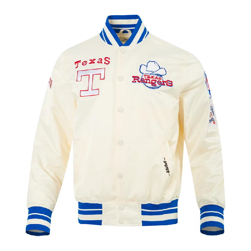 MLB TEXAS RANGERS RETRO CLASSIC MEN'SRIB SATIN JACKET (EGGSHELL/ROYAL BLUE)