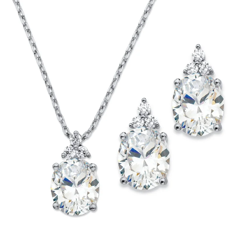 PalmBeach Platinum-Plated Oval Cubic Zirconia Pendant and Earring Set