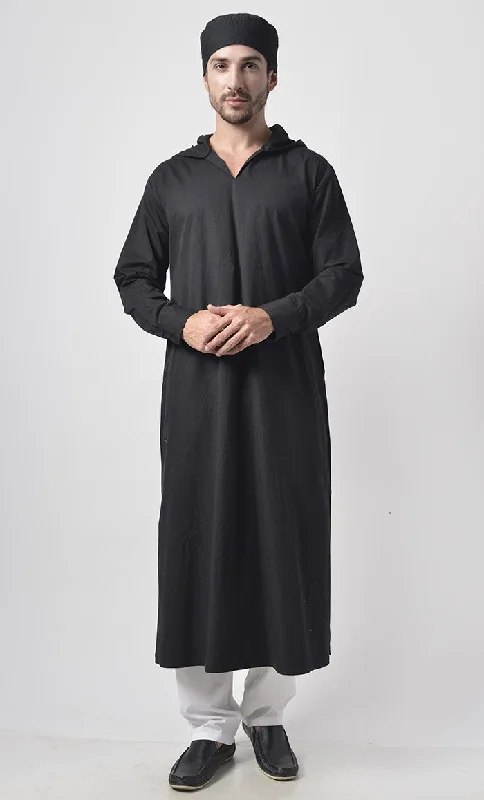 Mens Cotton Hooded Kurta-Black