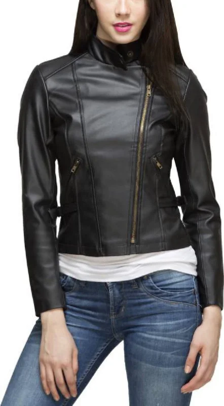 Women Real Lambskin Leather Biker Jacket KW378