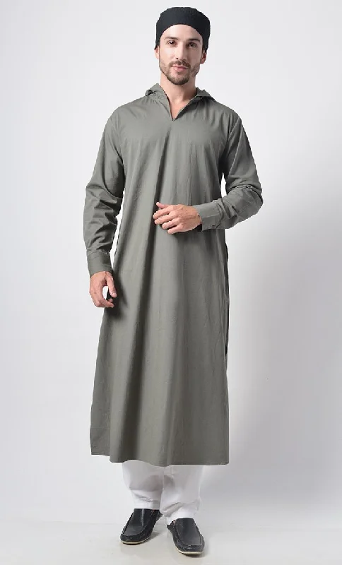 Grey Men's Cotton Hooded Kurta With Pants