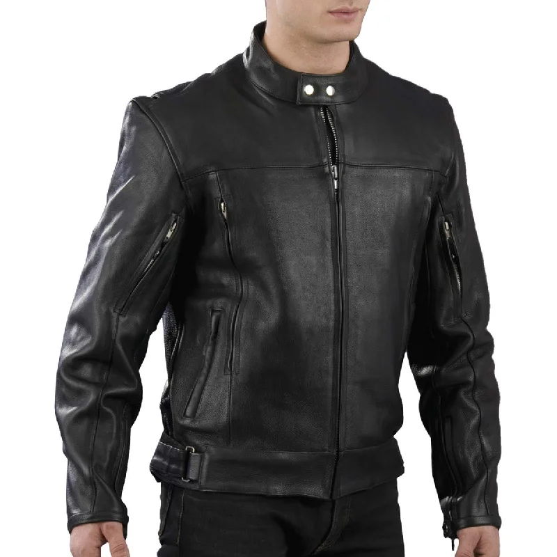 Genuine Leather EL1409 Men's Black Leather Vented Mandarin Collar Racer Jacket