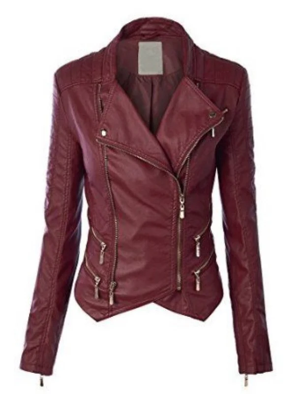 Women Real Lambskin Leather Biker Jacket KW349