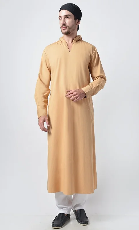 Mens Cotton Hooded Kurta-Yellow