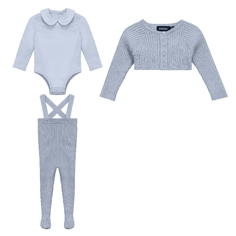 set outfit one piece ribbed overalls with cardigan and onesie - blue