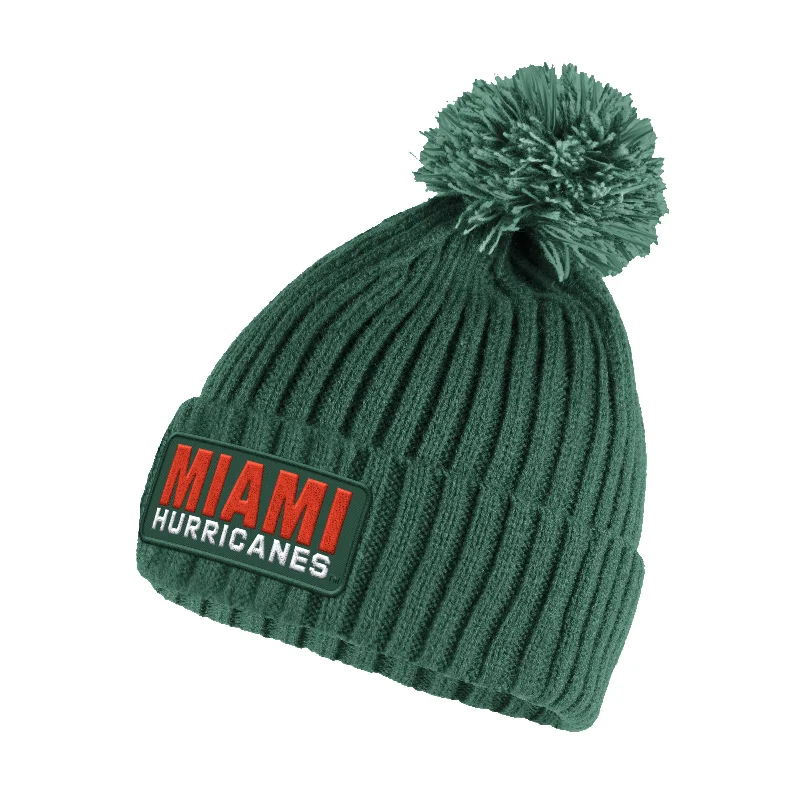 Miami Hurricanes adidas Block Patch Ribbed Cuffed Pom Beanie - Green