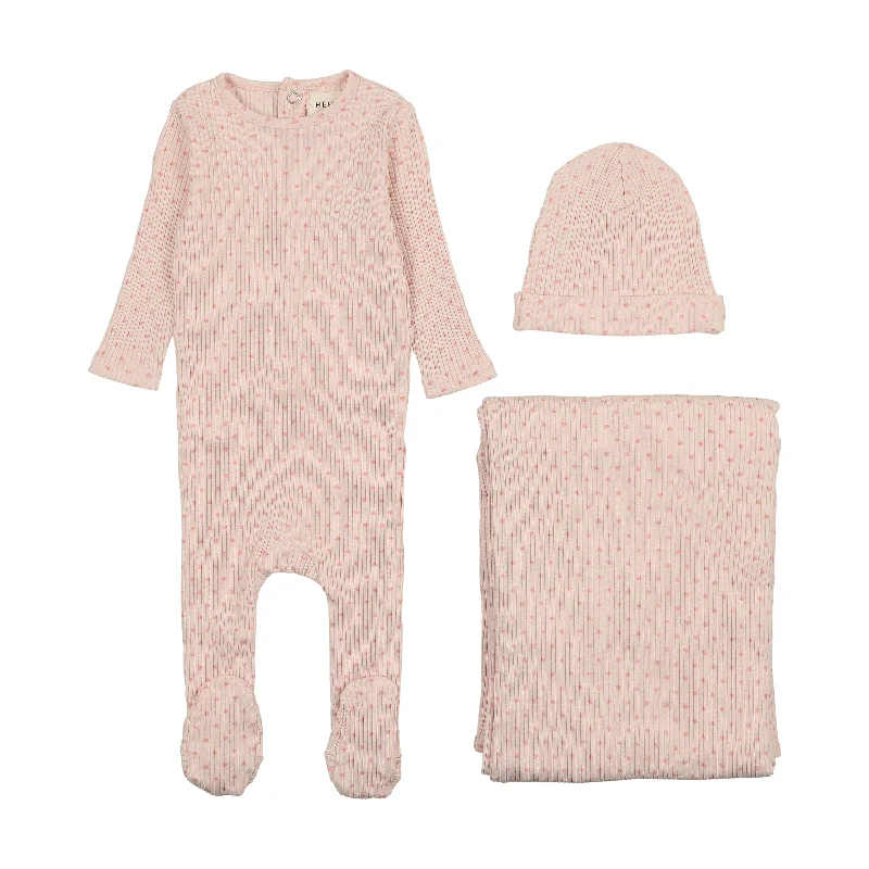 set footie wide ribbed heart textured with hat - pink tint/rose hrts