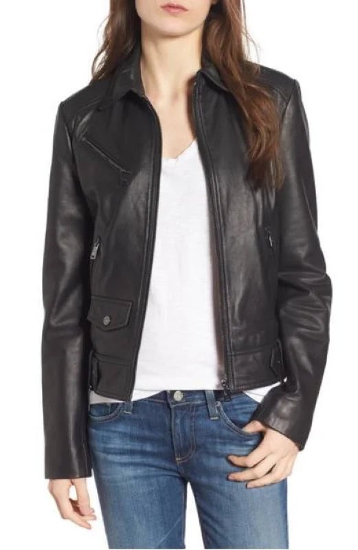 Women Real Lambskin Leather Biker Jacket KW325