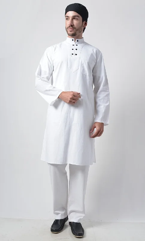 Mens Zipper Detail Yoke Cotton Tunic Set-White