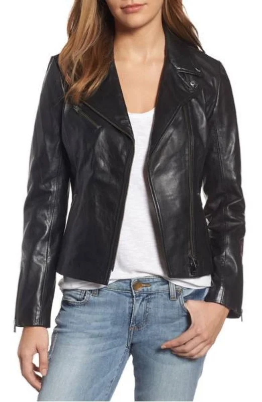 Women Real Lambskin Leather Biker Jacket KW322