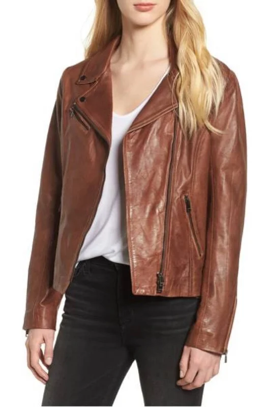 Women Real Lambskin Leather Biker Jacket KW321