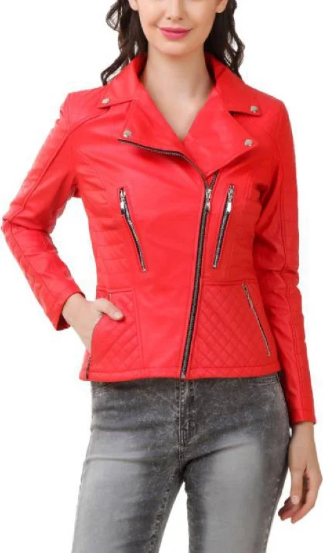 Women Real Lambskin Leather Biker Jacket KW411