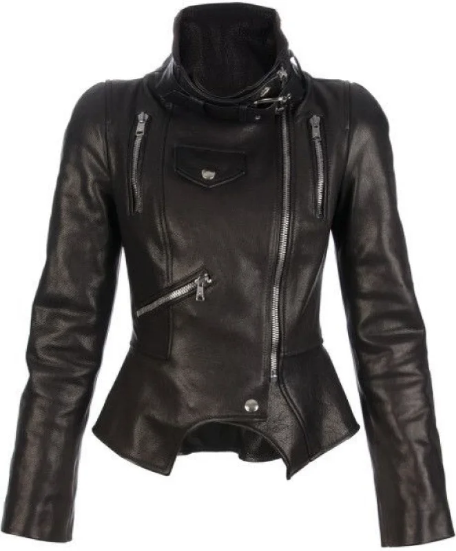 Women Real Lambskin Leather Biker Jacket KW350