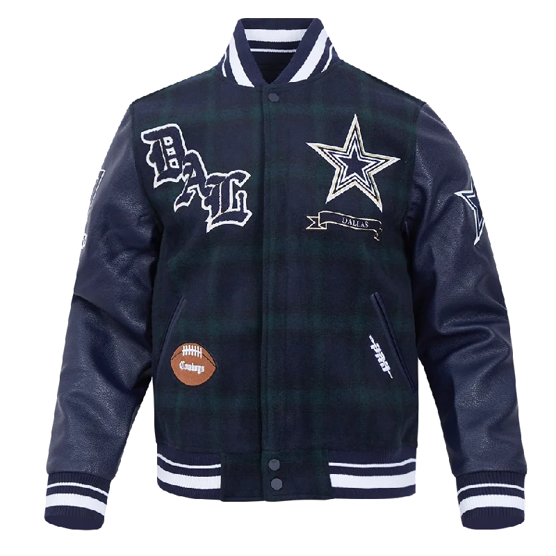 NFL DALLAS COWBOYS PRO PREP PLAID WOOL VARSITY JACKET (FOREST GREEN/MIDNIGHT NAVY)