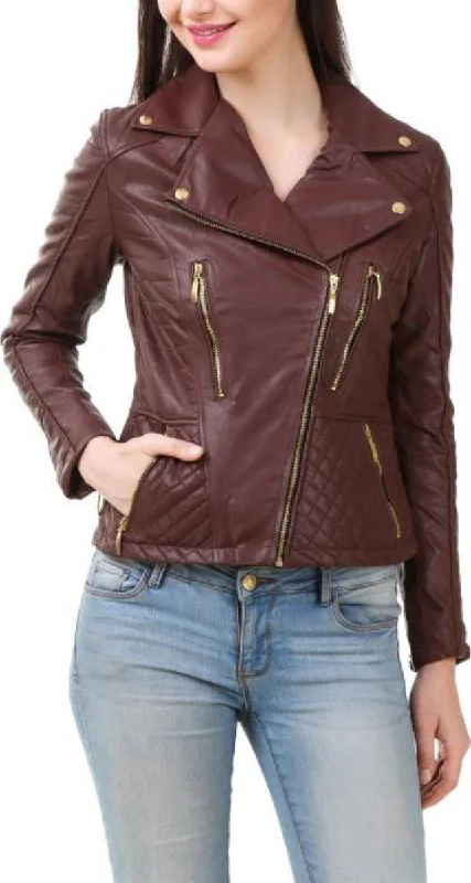 Women Real Lambskin Leather Biker Jacket KW394