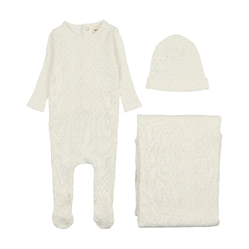 set footie wide ribbed heart textured with hat - winter whte/pnk hrts