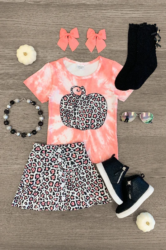 White & Pink Leopard Pumpkin Skirt Set