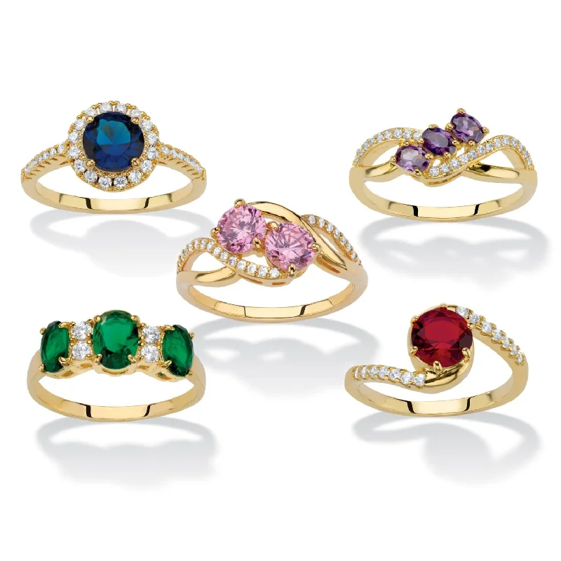 PalmBeach Yellow Gold-Plated 5 Piece Multi Colored Cubic Zirconia Ring Set