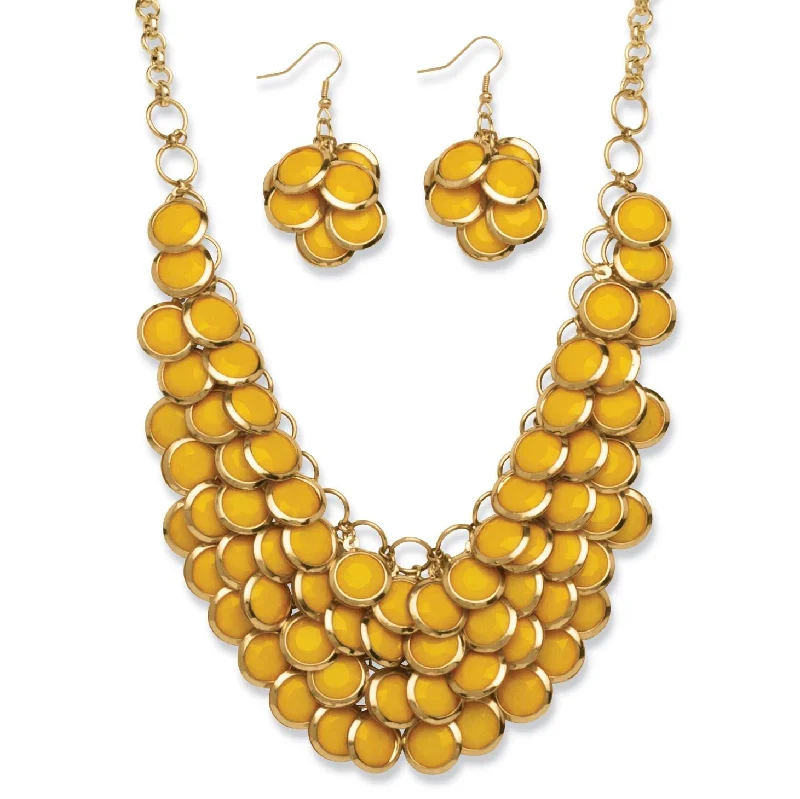 PalmBeach Gold Tone Round Yellow Lucite, Drop Earring and Bib Necklace Set (65mm), Lobster Claw Clasp, 18 inches plus 3 inch extension