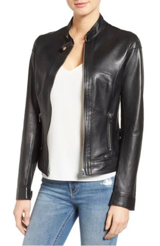 Women Real Lambskin Leather Biker Jacket KW366