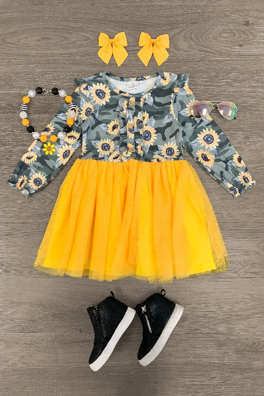 Camo Sunflower Long Sleeve Tutu Dress