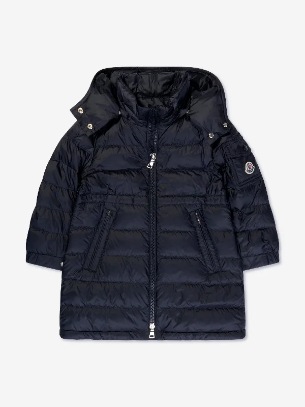 Celebrity Style Moncler Enfant Girls Down Padded Meillon Long Parka in Navy