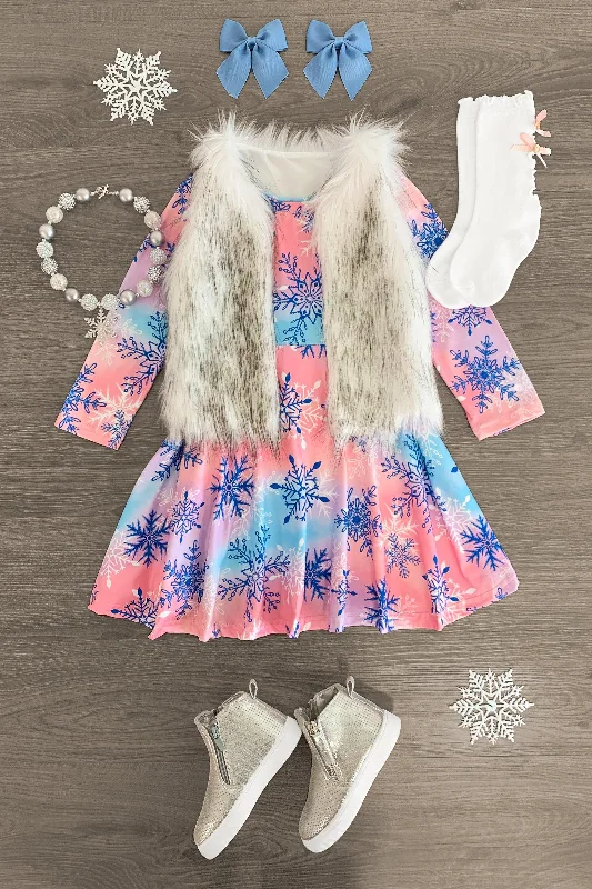 Blue & Pink Tie Dye Snowflake Dress