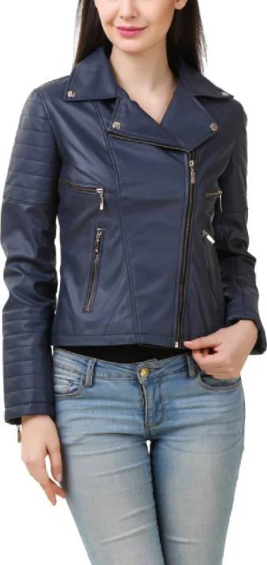 Women Real Lambskin Leather Biker Jacket KW388