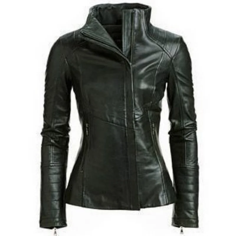 Women Real Lambskin Leather Biker Jacket KW339