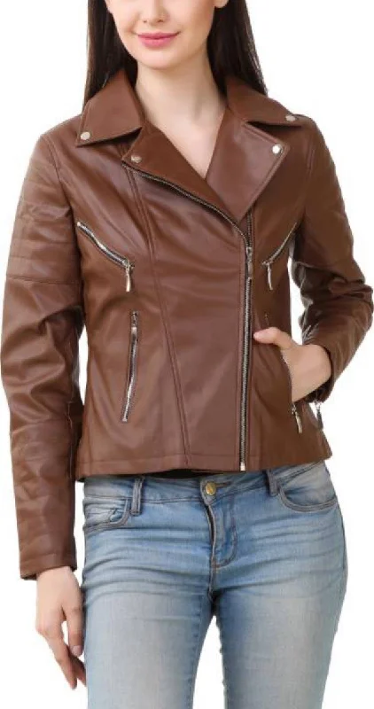 Women Real Lambskin Leather Biker Jacket KW389