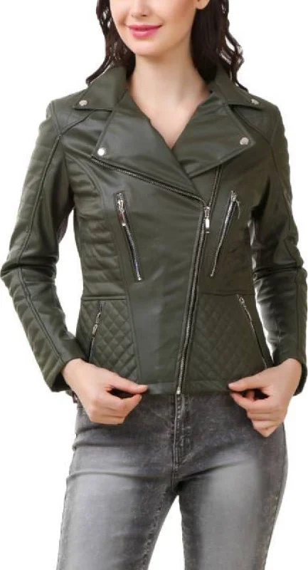 Women Real Lambskin Leather Biker Jacket KW390