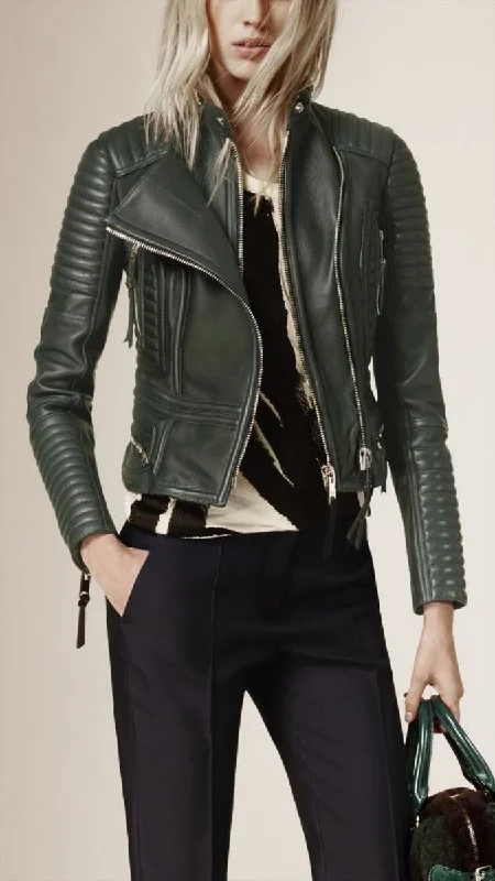 Women Real Lambskin Leather Biker Jacket KW354