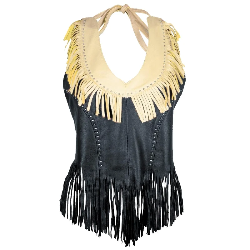 Genuine Leather ML1897 Ladies ‘Fringed’ Black Leather Halter Top