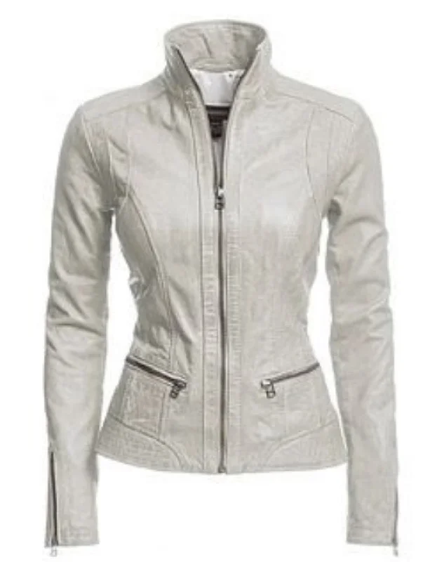 Women Real Lambskin Leather Biker Jacket KW306