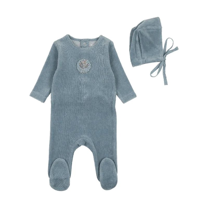 set footie velour center embossed with hat and blanket - blue fog