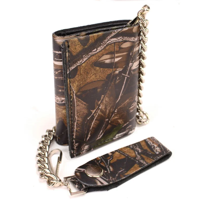 Milwaukee Leather MLW7804 Men's 4” Camouflage Tri-Fold Leather Biker Wallet w/ Anti-Theft Stainless Steel Chain