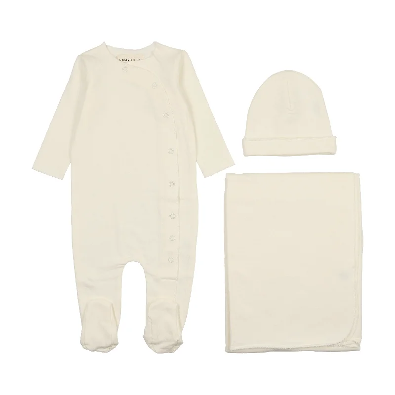 set footie solid side snap with hat and blanket - cream