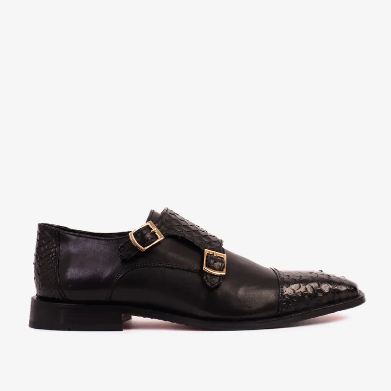 The Bishkek Black Leather Cap Toe Double Monk Strap Men Shoe