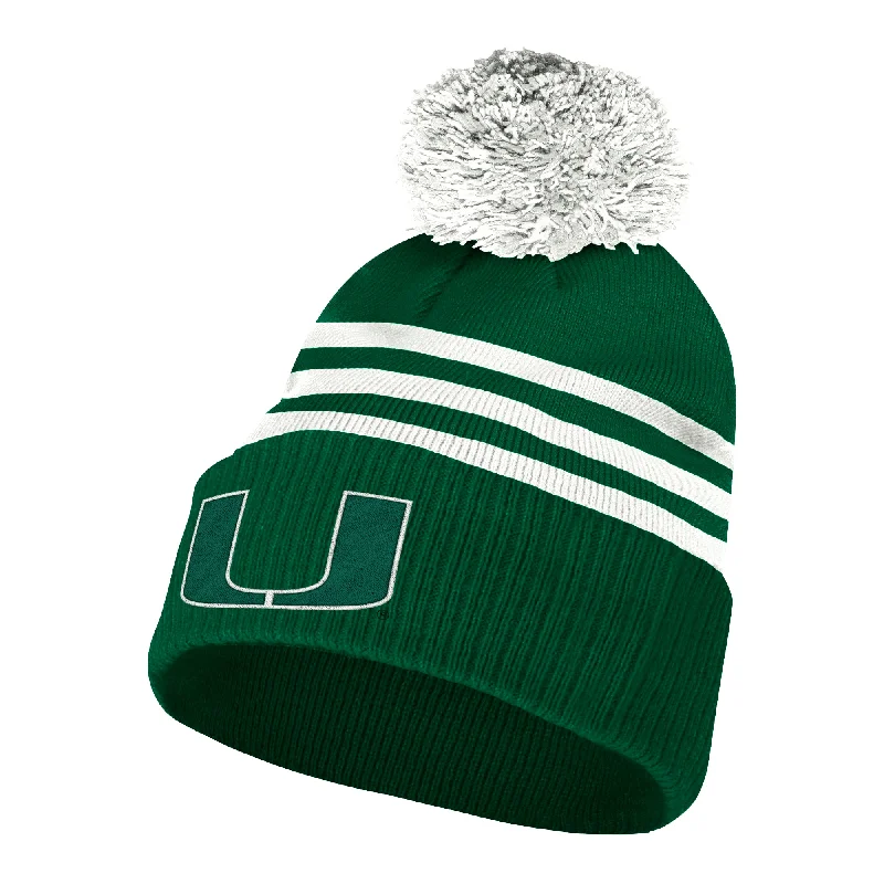 Miami Hurricanes adidas 3-Striped Cuffed Pom Beanie - Green