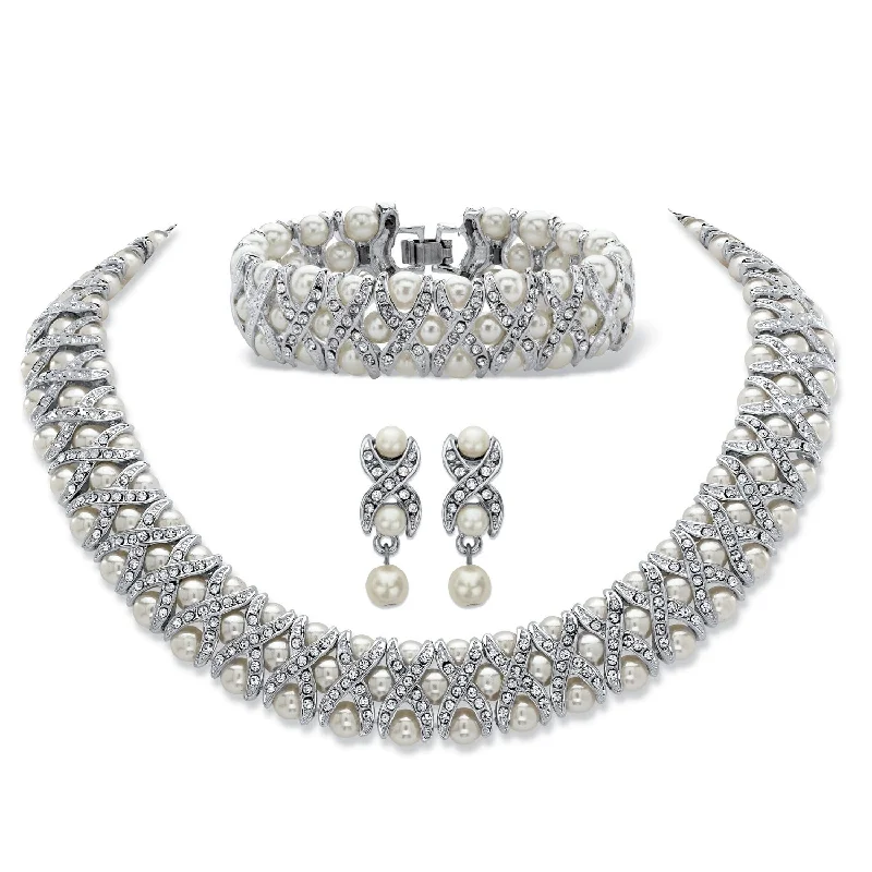 PalmBeach Silver Tone 3 Piece Set, Round Crystal Simulated Pearl, 18"