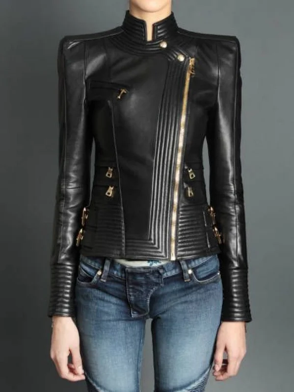 Women Real Lambskin Leather Biker Jacket KW357