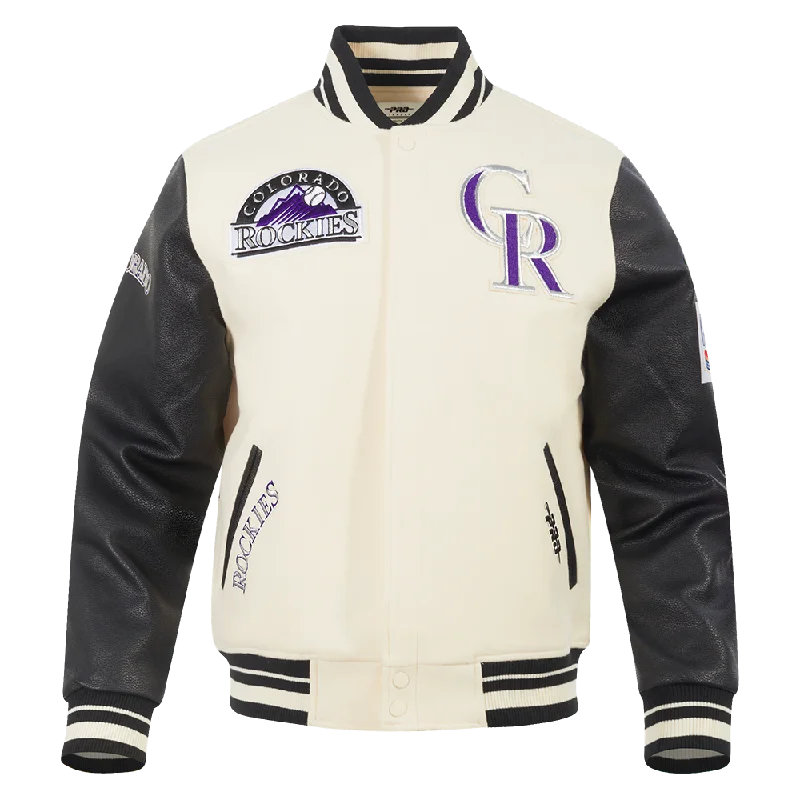 MLB COLORADO ROCKIES RETRO CLASSIC MEN'SS RIB VARSITY JACKET (EGGSHELL/ BLACK)