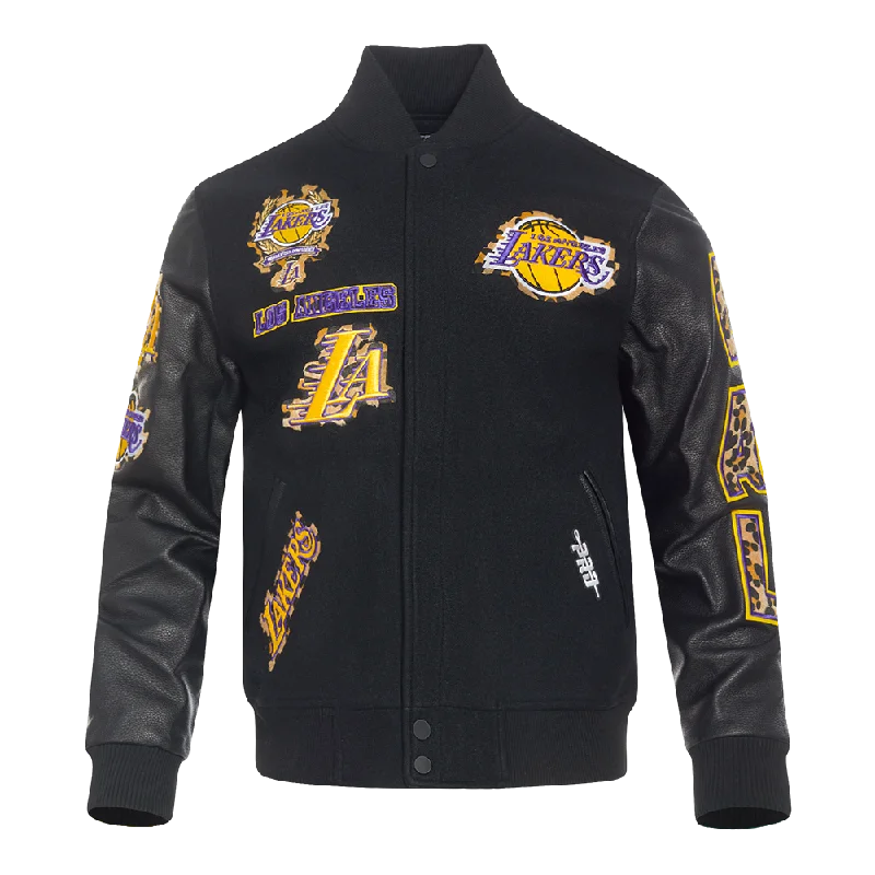 NBA LOS ANGELES LAKERS ANIMAL PRINT MEN'S WOOL VARSITY JACKET (JET BLACK)